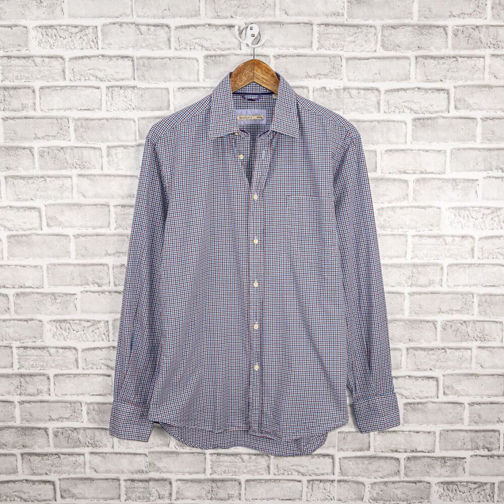 MASON'S of Italy Men's Button up Shirt in Mini Check Burgundy Blue Size Small